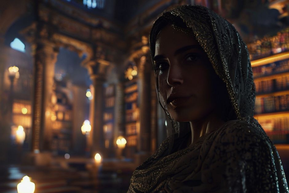 A cinematic, dimly lit scene inside an ancient, grand library at night. A clever, curious Arab woman in her late