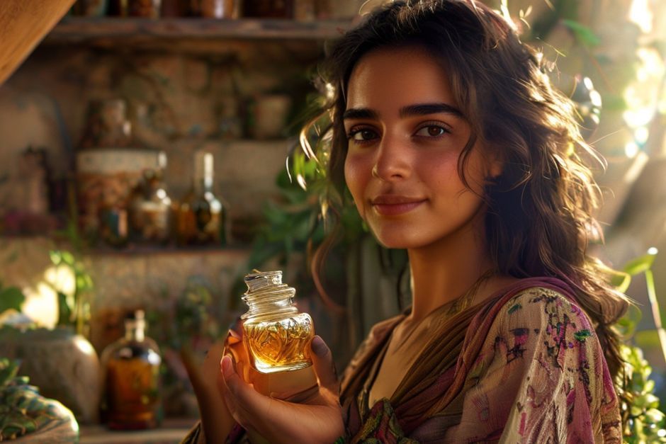 A confident young Arab woman, Layla, in a rustic, sun-drenched workshop, surrounded by vibrant natural herbs and artisanal glass bottles. She holds a small, elegant jar of her handmade cosmetic product, a subtle smile playing on her lips, looking towards the future. Traditional Middle Eastern architectural elements in the background. Cinematic lighting, golden hour, warm tones, high detail,