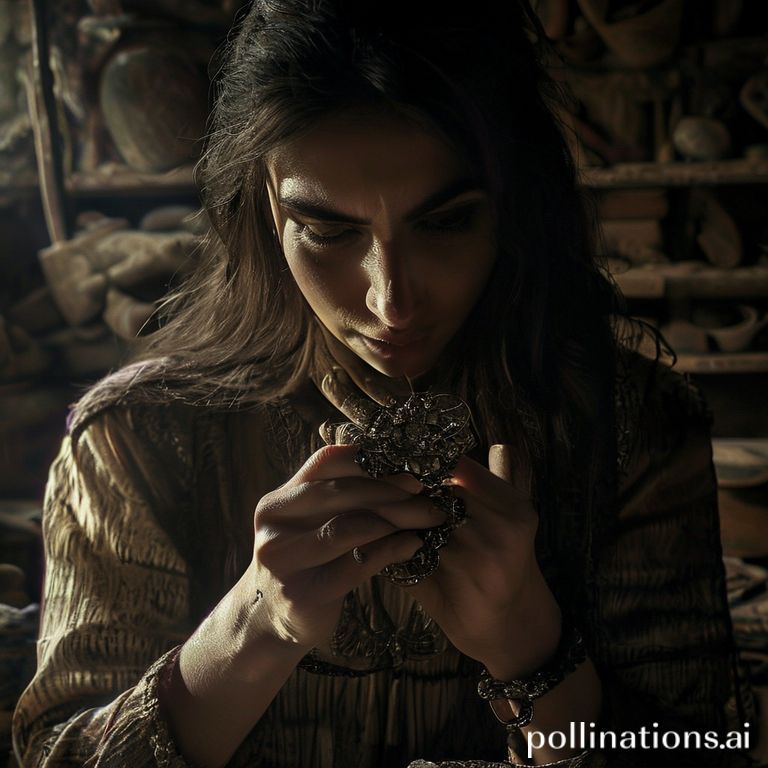 A smart, determined Arab woman with sharp features, possibly an antique restorer, in a dimly lit, atmospheric old workshop filled with ancient artifacts. She is holding a mysterious, intricately designed silver bracelet, examining a small, hidden inscription with intense focus. Shadows play across her face, emphasizing a sense of intrigue and subtle danger. Cinematic lighting,