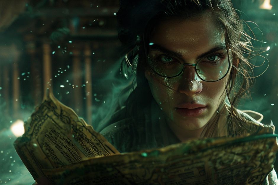 A woman with intense, focused eyes, holding an ancient, intricately bound manuscript under dramatic, cinematic lighting in a dimly lit, dusty archive. The manuscript has a subtle emerald thread woven into it. Dust motes float in the air, creating a mystical atmosphere. The setting is grand but mysterious, hinting at hidden secrets. High detail,