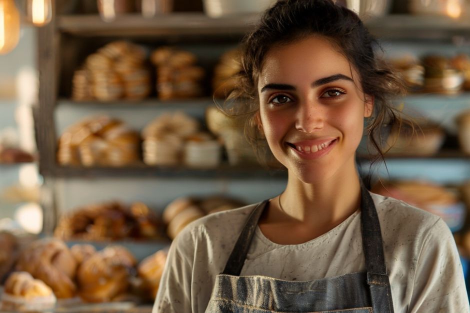 Cinematic close-up of a young Arab woman with a radiant smile, standing proudly in a modern, well-lit bakery kitchen filled with traditional and contemporary pastries. She is wearing an apron, her hands dusted with flour, looking directly at the camera with determination and warmth. Soft, golden hour lighting,