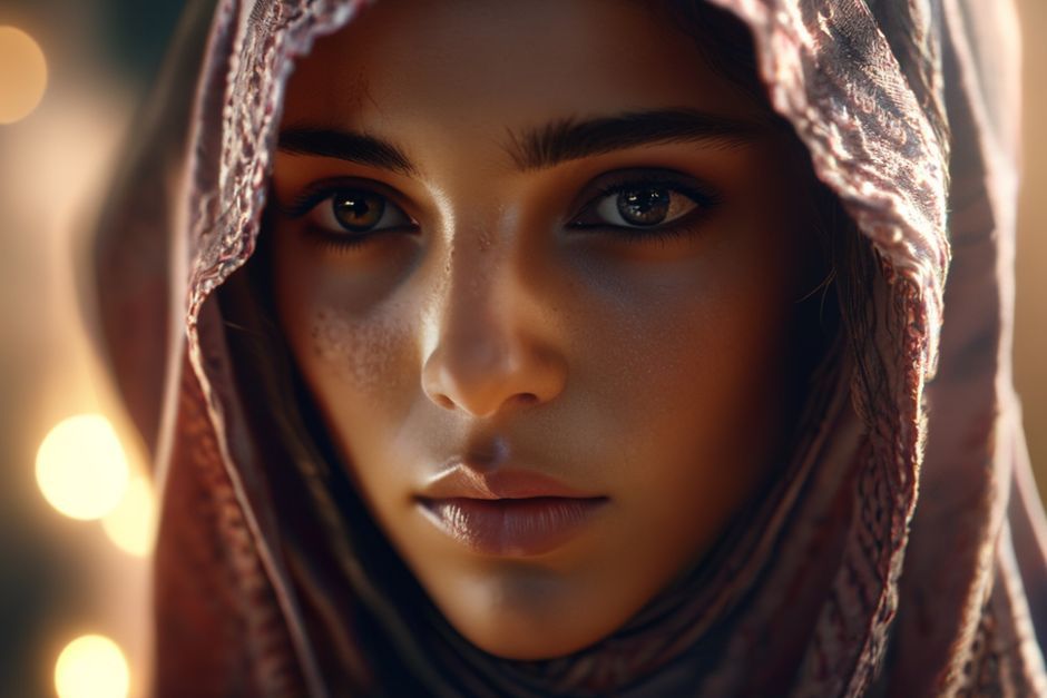 Cinematic close-up of a young Arab woman