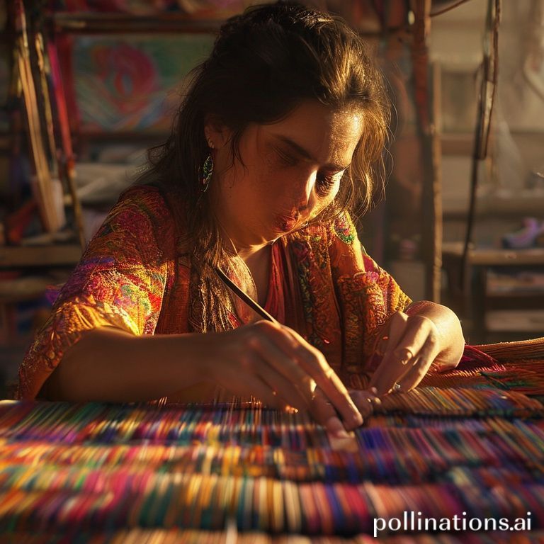 Cinematic close-up shot of Layla in her vibrant textile workshop, her hands gracefully weaving intricate patterns on a traditional loom, soft golden hour lighting illuminating the colorful threads, an expression of focused determination and passion on her face.
