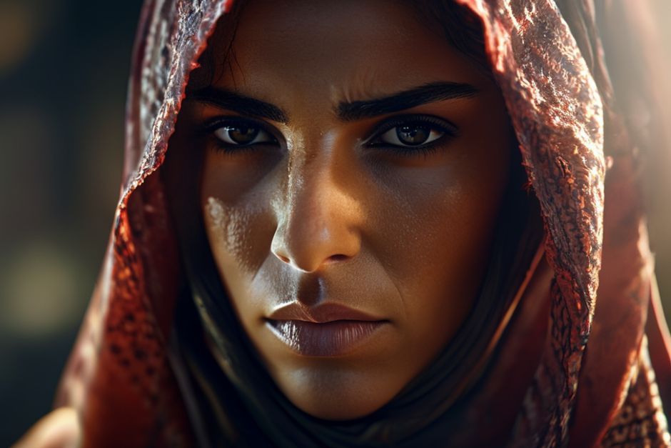 Cinematic portrait of a determined and resilient Arab woman in her early