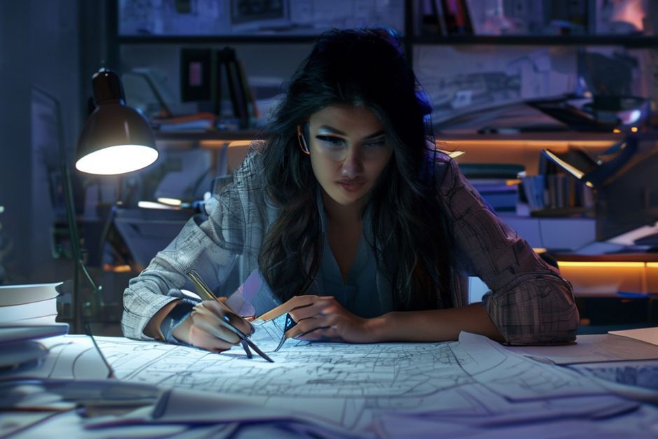 Cinematic shot of a brilliant female architect, Laila, in her dimly lit office at night. She is intensely focused over large architectural blueprints spread across her desk, a magnifying glass in her hand, noticing a subtle, mysterious pattern emerging from the city