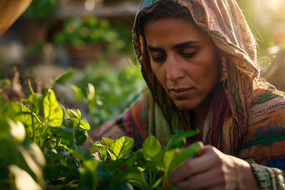 Cinematic shot of a resilient Arab woman in her vibrant, sun-drenched organic rooftop garden, hands gently tending to lush green plants. Her face shows a determined yet serene expression, hinting at overcoming past challenges. Soft, warm morning light, deep focus on the woman and her hands, rustic textures,