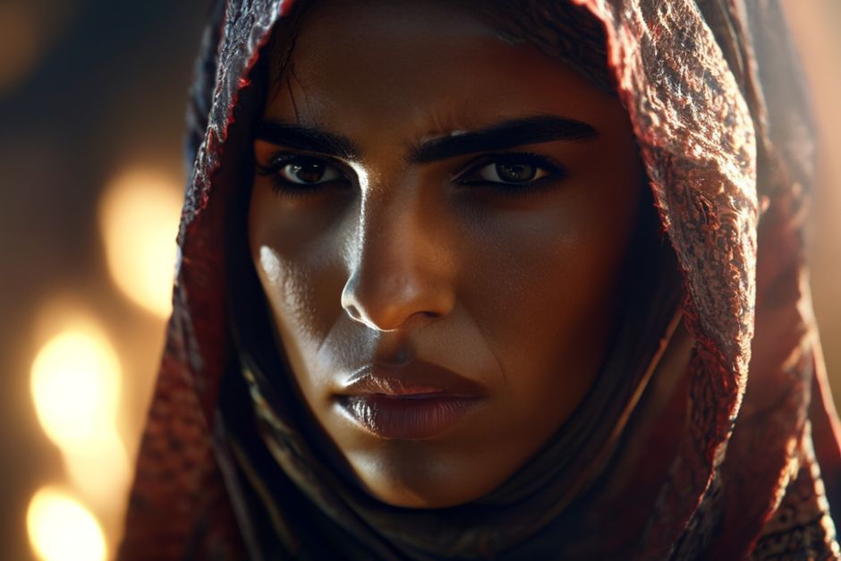 Cinematic shot of a strong, determined Arab woman in her late