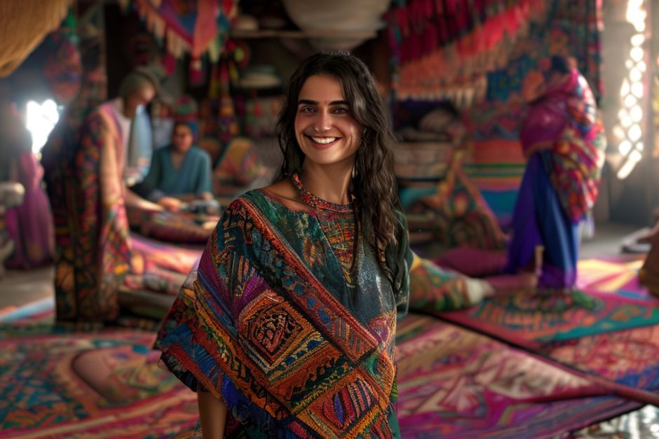 Cinematic wide shot of a determined Arab woman, Noor, in her vibrant weaving workshop. She stands proudly amidst beautifully hand-woven rugs and textiles, smiling warmly as other women actively work around her. Soft, warm lighting illuminates the scene, highlighting traditional patterns and modern elements. Emphasize authenticity and a sense of community.