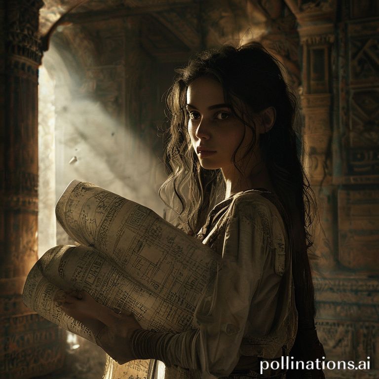 Cinematic wide shot of a young, intelligent female architect, Layla, holding an old, rolled-up blueprint, standing in a dimly lit, dusty secret chamber of an ancient palace. Dust motes visible in the shafts of light. She looks intrigued and determined, a subtle hint of mystery and danger in her eyes. The chamber walls are adorned with intricate, half-hidden symbols. High detail, photorealistic,