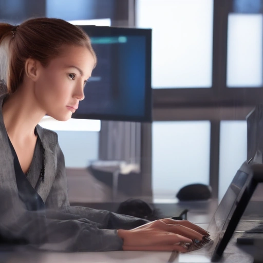 Cinematic close-up shot of a brilliant female cybersecurity expert, Layla, late at night, in a high-tech office. Her face is illuminated by the blue glow of multiple computer screens displaying complex code and data visualizations. She has a determined, focused expression, with a hint of concern. Her fingers are poised over a keyboard. The background is slightly blurred, showing other monitors and a sleek, modern workspace. Dark, mysterious atmosphere, volumetric lighting,