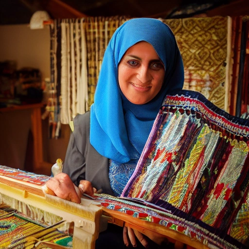 A determined Arab woman, Nadia, in her vibrant weaving workshop. She stands proudly beside a beautifully woven rug, a subtle smile on her face, reflecting her success. Sunlight streams through a large window, highlighting the intricate details of the fabrics and her focused expression. Traditional weaving loom in the background. Cinematic lighting, warm color palette, golden hour,
