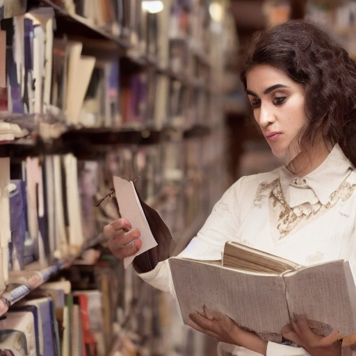 Cinematic shot, a determined young Arab woman with intelligent, focused eyes, holding an ancient, intricately coded manuscript under a digital microscope. She is in a dimly lit, vast library, surrounded by towering shelves of old books, dust motes dancing in shafts of light from an unseen window. High contrast lighting, deep focus,
