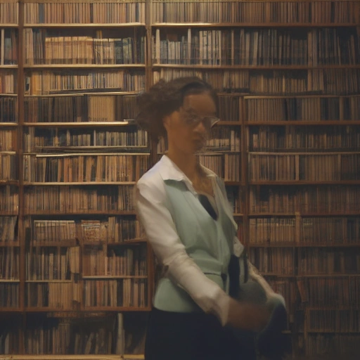 Cinematic shot of a woman, a librarian in her late