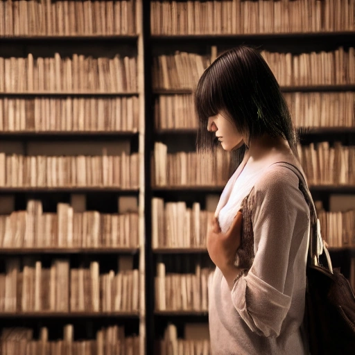 Cinematic wide shot of a mysterious, old library at night. A young woman with an intelligent gaze