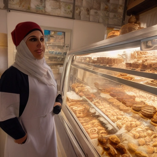 Cinematic wide shot of a bustling, warmly lit bakery interior, a confident Arab woman in her late