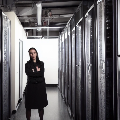 Cinematic wide shot of a brilliant female hacker, Layla, in a dimly lit server room. She