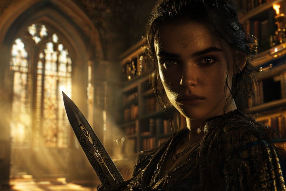 Cinematic wide shot of a young, determined Arab woman with dark, sharp eyes, holding an antique silver dagger with a mysterious symbol. She stands in a dimly lit, dusty, opulent library filled with old books and shadowed corners in an ancient mansion. Golden hour sunlight streams through a large gothic window, highlighting dust motes in the air. The atmosphere is tense and mysterious. High detail,