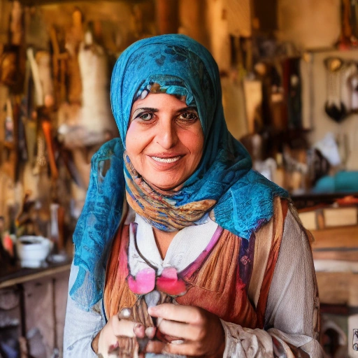 A cinematic cover image. A determined Arab woman, Layla, in her sunlit, rustic workshop, surrounded by beautiful, unique upcycled crafts made from various materials. She is smiling faintly, holding a finished, intricately designed piece. Her face shows resilience and hope. Soft, warm lighting, bokeh background, photorealistic,