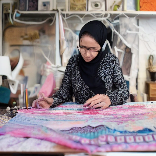 Cinematic portrait of a determined Arab woman, Yasmin, in her textile design studio. She is in her late