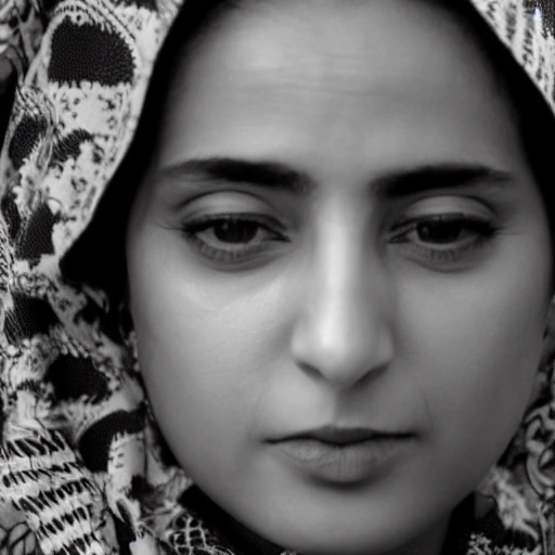 Cinematic close-up of a clever Arab woman, Amina, in her late