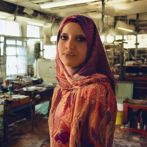 Cinematic wide shot of a bright, sunlit workshop. A warm, creative atmosphere. An elegant Arab woman in her late