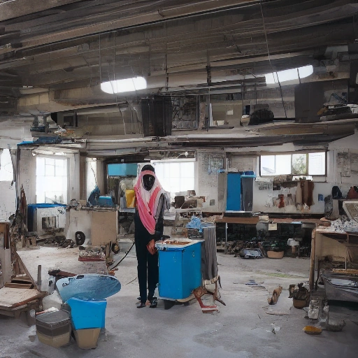 Cinematic wide shot of a bright, modern workshop space. A determined Arab woman in her late