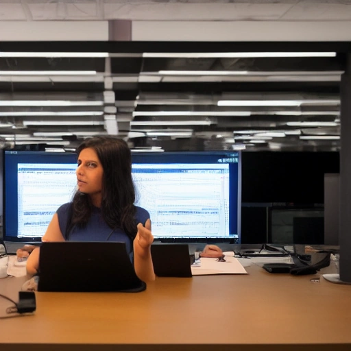 A cinematic, high-contrast image of a brilliant female data analyst, Layla, illuminated by the glow of multiple monitors displaying complex code and data visualizations in a dark, tech-filled office. Her face shows intense concentration and a hint of determination, with a subtle sense of mystery and suspense. High resolution, photorealistic,