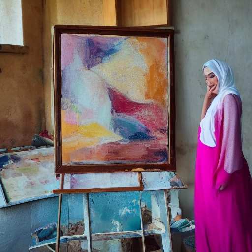 Cinematic wide shot of a young Arab woman, Sara, in an art studio, bathed in warm, soft sunlight streaming from a large window. She is looking thoughtfully at a vibrant, abstract painting on an easel, a hint of a proud smile on her face. The studio is filled with creative chaos