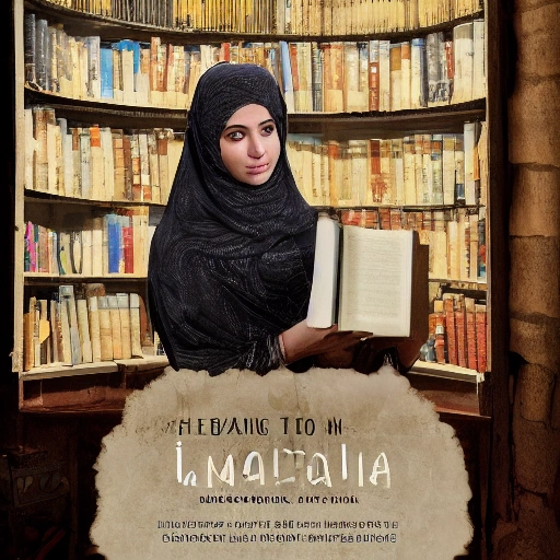 A determined young Arab woman, Layla, standing in a dimly lit, secret library behind a hidden wall in an ancient, mysterious house. Dust motes dance in shafts of cinematic light filtering from unseen windows. Her face is a mix of awe and resolve as she holds an old, leather-bound manuscript. Bookshelves filled with rare, ancient tomes surround her, creating a sense of wonder and knowledge. Mysterious, atmospheric,