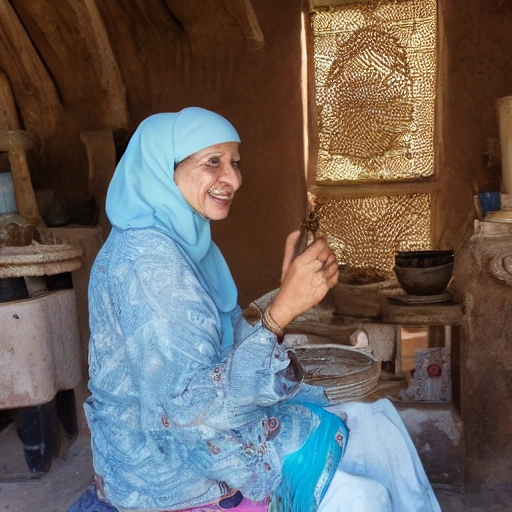 A cinematic shot of a determined Arab woman, an artisan, smiling confidently amidst her vibrant traditional pottery workshop. Sunlight streams through a large window, highlighting her intricate creations and the clay dust on her hands. The background shows other women from her village working alongside her, a scene of collaboration and empowerment. Warm, inspiring tones. Photorealistic,