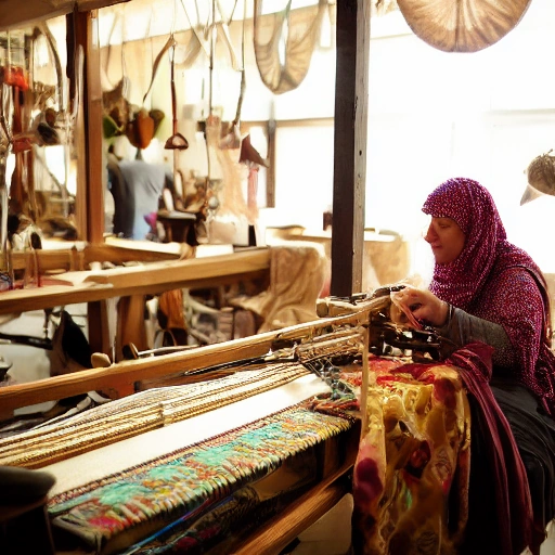 Cinematic wide shot of a determined Arab woman, Layla, in a bustling, vibrant workshop filled with traditional yet modern woven textiles. She is surrounded by other smiling women working diligently on looms and crafting items. Soft, warm natural light streams through a large window, highlighting the rich colors and textures of the fabrics. The atmosphere is collaborative, empowering, and full of creative energy. Focus on intricate details of hands working on looms and beautiful finished products displayed around. Photorealistic,
