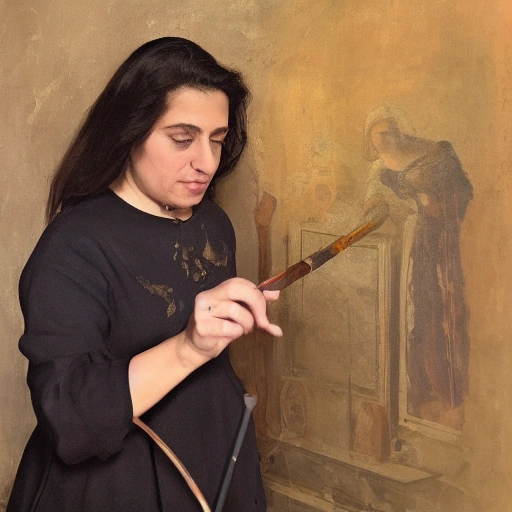 Cinematic medium shot of a brilliant Arab female art restorer, Laylian, with intense focus, gently using a fine brush and magnifying tools to reveal a tiny, glowing, mysterious constellation symbol hidden beneath layers of paint on an ancient, grand oil painting. Dramatic chiaroscuro lighting, subtle dust motes in the air, antique museum lab setting in the background. The painting shows a vibrant but historically significant scene. Realistic,