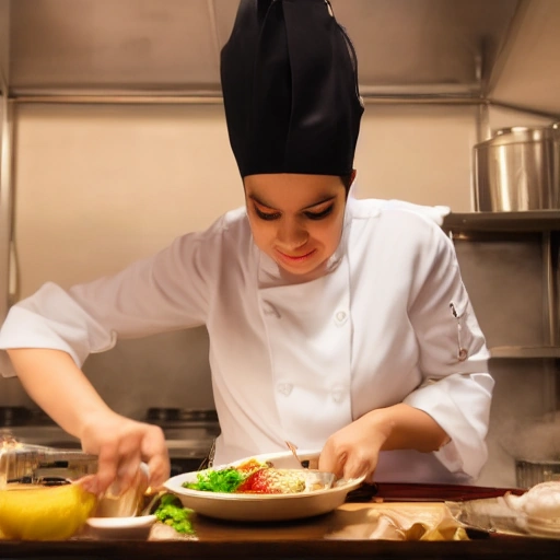 Cinematic close-up of a confident Arab woman chef in a modern, bustling kitchen, her hands gracefully adding final touches to a gourmet dish. Warm, inviting lighting, steam gently rising, focus on her determined yet joyful expression.