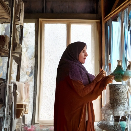 Cinematic shot of a determined Arab woman, Layla, standing proudly amidst her workshop filled with beautifully crafted eco-friendly products made from recycled materials. Soft, natural light streams through a large window, highlighting her hands holding a unique upcycled vase. The background shows other women diligently working. Warm, inviting tones,