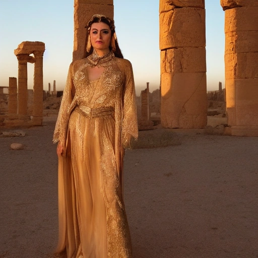A majestic, regal ancient Queen with an intelligent and determined gaze, adorned in richly embroidered fabrics inspired by ancient Palmyra, standing confidently amidst an opulent desert city backdrop at sunset. Cinematic lighting, golden hour glow,