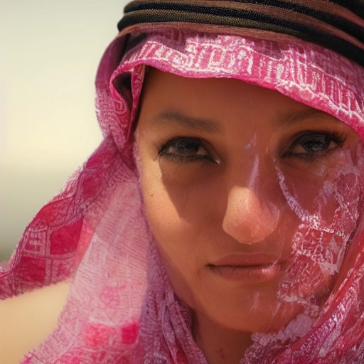 A vibrant and inspiring cinematic close-up shot of an Arab woman in her late