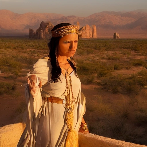 Cinematic shot of a wise ancient queen, dressed in flowing desert attire, standing on a balcony overlooking a majestic ancient desert city at golden hour. Her expression is thoughtful and serene, reflecting deep wisdom. In the distant background, a subtle shimmering desert mirage of a lake. Ornate architecture, warm sand tones, mystical atmosphere,