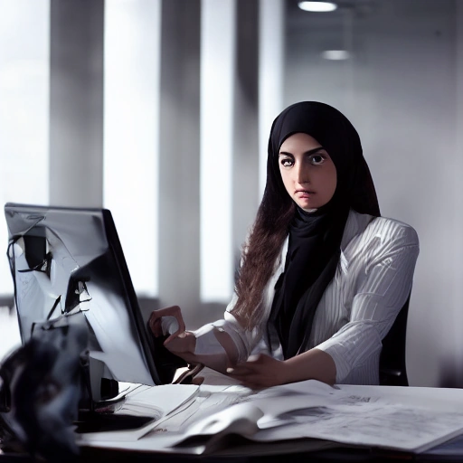 A young, intelligent Arab woman, Lina, in a modern, dimly lit office, intensely focused on multiple computer screens displaying complex data and suspicious financial graphs. She has a determined, slightly wary expression. Cinematic lighting, deep shadows, a sense of suspense and mystery. High-angle shot,