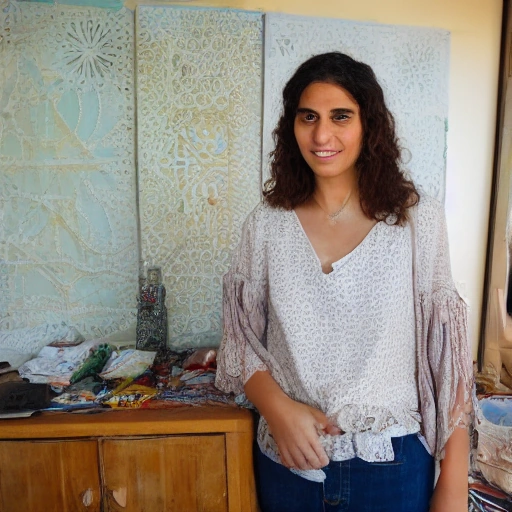 Cinematic portrait of a determined Arab woman, Layla, in her sunlit home studio, surrounded by beautiful, eco-friendly handmade art pieces and recycled materials. She is smiling gently, looking confidently towards the future, holding a beautifully crafted recycled paper sculpture. Soft, warm natural light streams through a window, illuminating her face and the textures of her creations. Inspirational, empowering atmosphere.