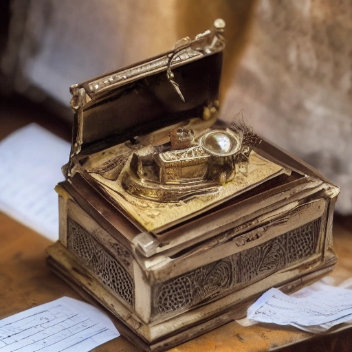 Cinematic shot of a mysterious antique music box on a cluttered workshop desk, dappled in dramatic shadows and warm light. A clever female protagonist, Layla, with a thoughtful expression and a magnifying glass, is examining it closely. Hints of ancient symbols and cryptic notes are visible. High detail, volumetric light,