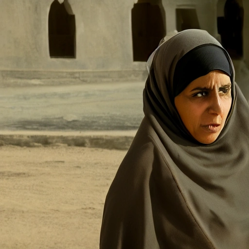 Cinematic shot, a determined Arab woman in her late
