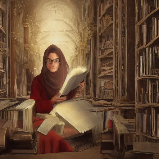 Cinematic shot of a brilliant female archivist, Dr. Laila, in a dimly lit, vast ancient library. She is intensely examining an old, ornate manuscript under a magnifying glass, with other antique books stacked around her. Dust motes dance in the golden shafts of light streaming from high windows. The atmosphere is mysterious and tense. She has a determined, slightly worried expression. Close-up on her hands and the manuscript. Warm, rich color palette.