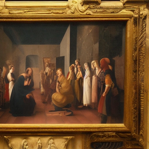 A clever female art restorer, Layla, with intense focus, meticulously examining an ancient Renaissance painting under dramatic cinematic lighting. She has discovered a hidden symbol. The painting shows a mysterious woman