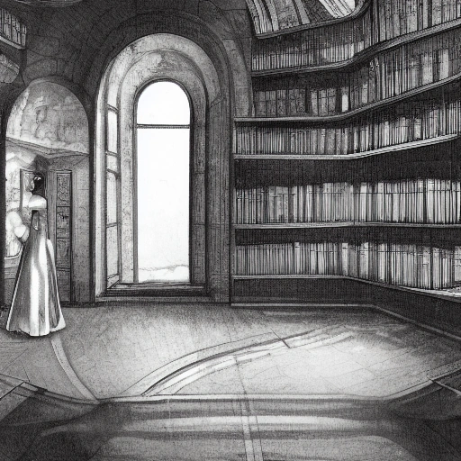 Cinematic wide shot of a brilliant young female architect, Nada, standing amidst ancient, dust-filled architectural blueprints and old books in a grand, dimly lit historical library. Soft shafts of moonlight stream through tall arched windows, illuminating dust motes and creating an atmospheric, mysterious glow. She holds a magnifying glass, focused intently on a cryptic detail on a blueprint. The scene should evoke a sense of suspense, discovery, and intellectual curiosity. High detail,