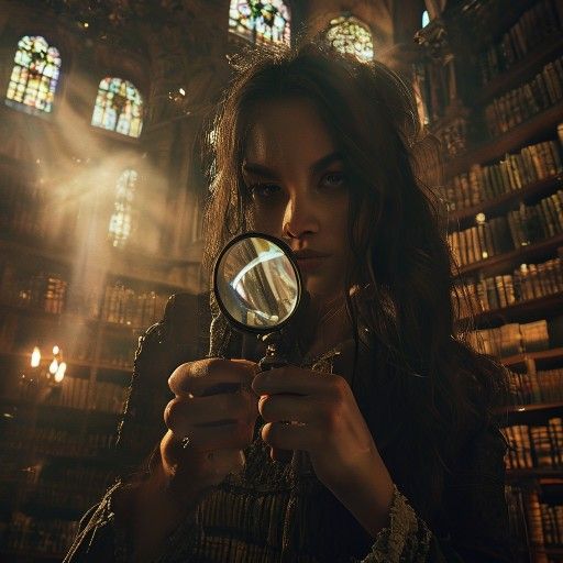 A cinematic shot of a determined woman with a magnifying glass, illuminating an ancient manuscript in a dimly lit, vast library filled with towering wooden bookshelves. Dust motes dance in the dramatic shafts of light coming from high stained-glass windows. She has an intense, focused expression. Rich, deep colors with a hint of mystery and historical grandeur. Cinematic lighting,