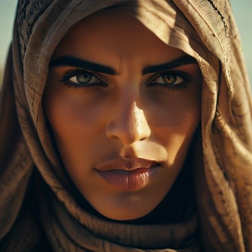 A close-up, cinematic shot of a determined Arab woman in her late