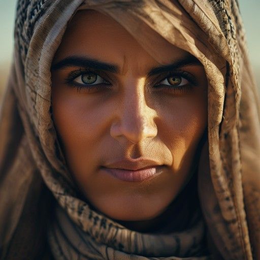 Cinematic close-up portrait of a resilient and determined Arab woman, in her late
