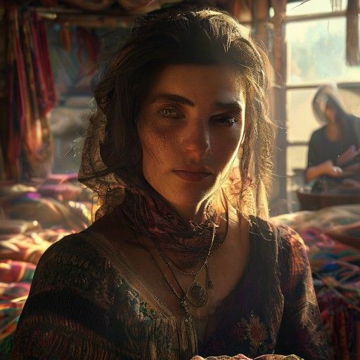 Cinematic close-up portrait of a resilient Arab woman in her bustling textile workshop, surrounded by vibrant threads and fabrics. She has a look of determination and quiet pride, a delicate, intricate embroidery piece in her hands. Soft, warm sunlight streams through a window, highlighting dust motes in the air. The background shows hints of other women working collaboratively. Realistic, photorealistic,