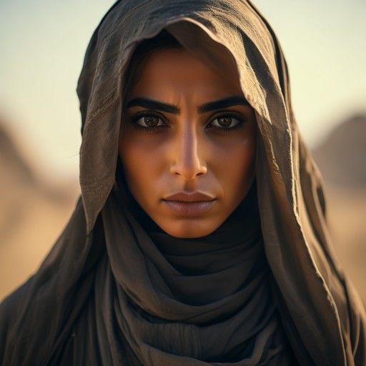 Cinematic shot of a determined, intelligent Arab woman