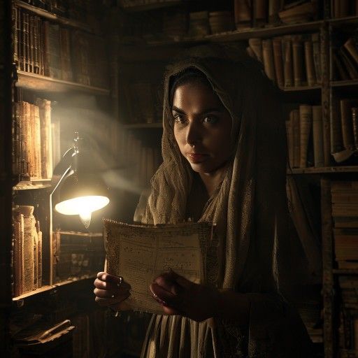 Cinematic shot of a smart, focused Arab woman, Layla, in a dimly lit, dusty old archive room filled with shelves of ancient books and documents. She holds an antique letter up to a beam of light from a desk lamp, revealing a subtle, hidden watermark or faint text. Her face shows a mix of intense concentration and a hint of trepidation. The atmosphere is tense and mysterious. High detail, photorealistic,